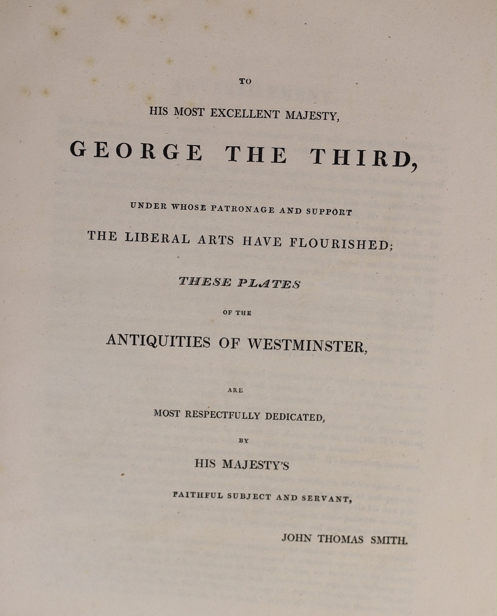 Smith, John Thomas - Antiquities of Westminster; the Old Palace; St. Stephen's Chapel ....&c.&c....37 engraved plates (13 hand coloured); old maroon half morocco and marbled boards, gilt decorated and panelled spine, ge.
